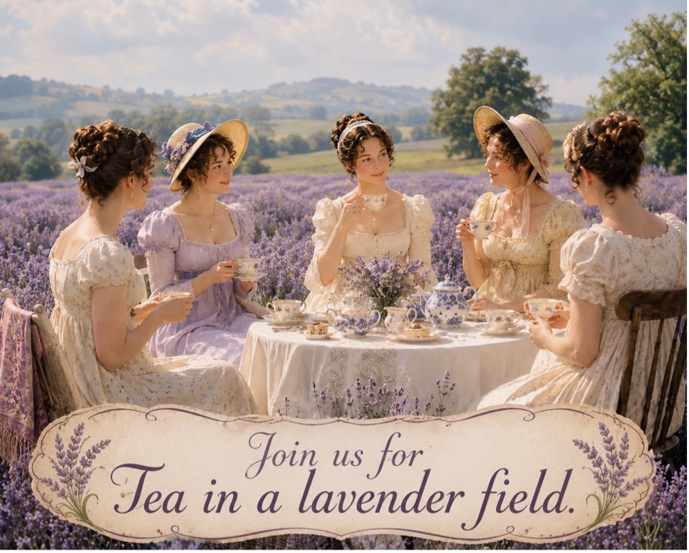 Decorative picture of tea in a lavender field.